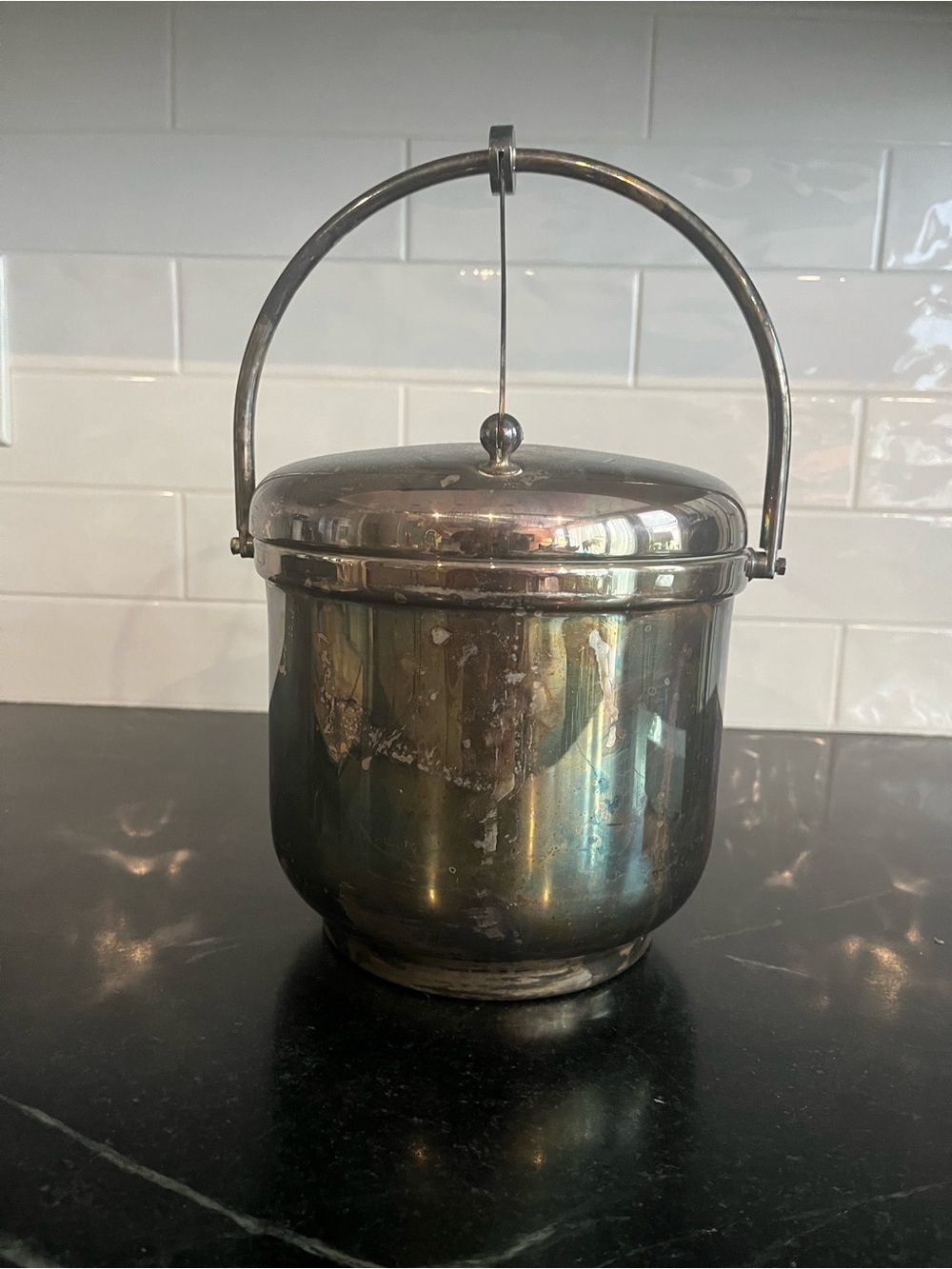 Classic Mid Century  Metal Ice Bucket with Swing Handle - Silver plate